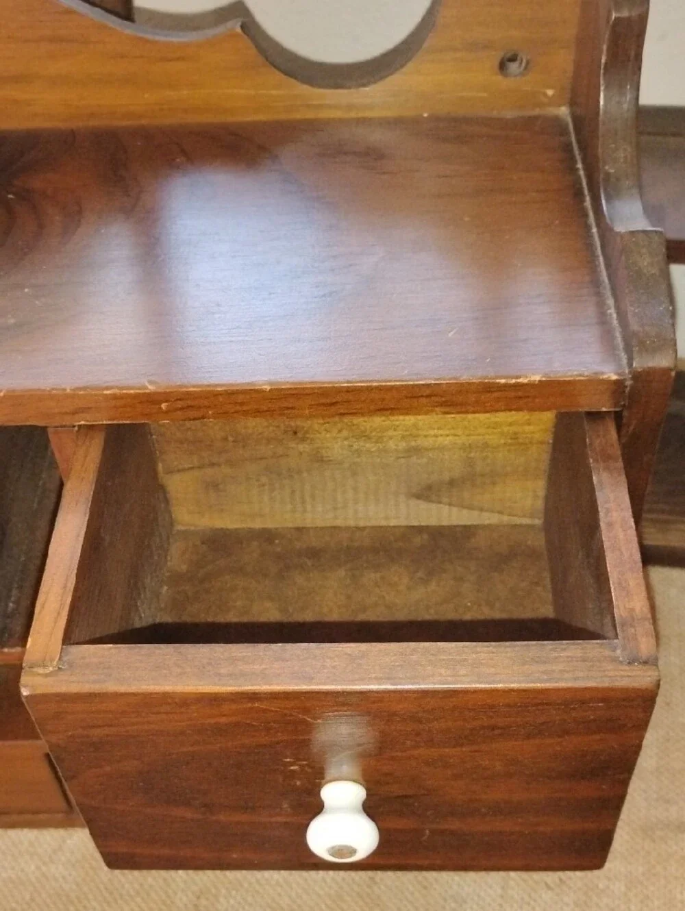 Vintage MCM Wooden Wall Mail CABINET with Drawers - RICH BROWN WOOD 19.5  X 12